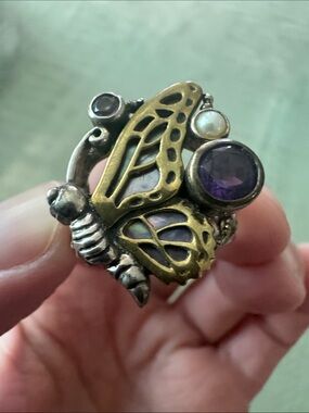 Butterfly Statement Ring with Amethyst and Pearl Accent - Silver & Brass